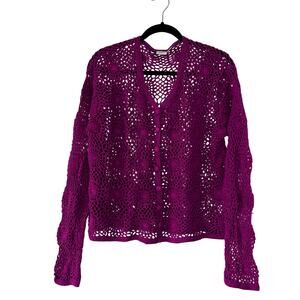 Vintage 1990s Haband Purple Crochet Cardigan Sweater Cottagecore Floral Knit L